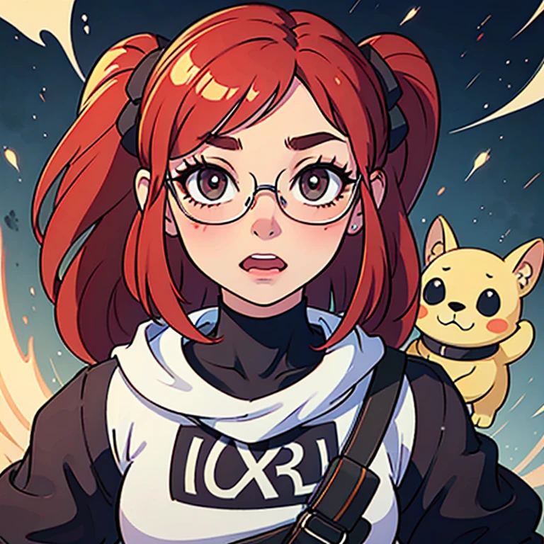 Generate images of a female character, aged 19 to 23, with a slightly overweight build, wearing rectangular glasses and a red hair AI-related stamped shirt/top. Ensure she displays expressions of excitement, surprise, and curiosity, making her very expressive while maintaining a relatable, youthful, tech-savvy, and approachable appearance. Capture the ideal qualities for a dynamic and engaging female narrator avatar with a body type that reflects diversity and inclusivity, a bit over weight, in AI-related YouTube content.