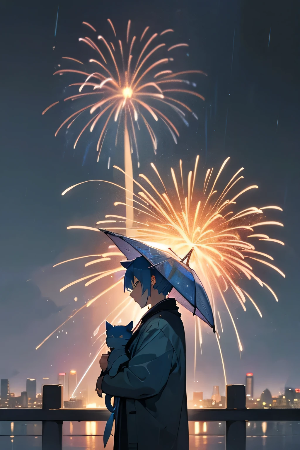 Masterpiece, best quality, super detailed, illustration In the rainy night sky、Colorful large fireworks bloom magnificently、Fireworks blast blows away the surrounding rain clouds、Clear the sky。Below that、A person who have a blue hair and blue cat ears holding cat, his profile was illuminated by the light of fireworks. In the background, Cityscape changing from rain to sun.。The spectacle is nostalgic and fantastic.