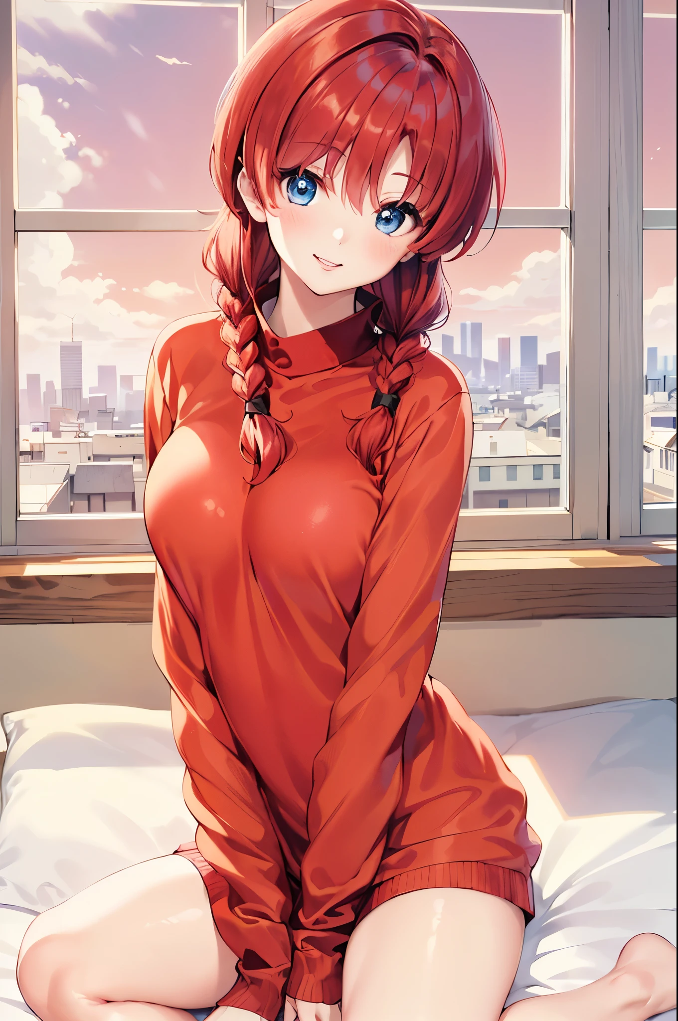 Close Girl Ranma chan Redhead blouse, Artwork by Rumiko Takahashi, ((Big breasts, 16 year old girl)), (Perfect Body: 1,1), (Long braid of red hair: 1,2) , (Crimson blouse), (very delicate and beautiful), (masterpiece), (best quality: 1.0), (ultra high definition: 1.0), beautiful lighting, perfect lighting, realistic shadows, [high resolution], skin magnificent, ultra wonderful, (beautiful hair braid), beautiful breasts, blush, photorealistic, big blue eyes, (colorful) smile (cleavage))), (eyeliner), (mascara), ((reddish red hair)) ((perfect body) ) ((beautiful thighs)), ((open thighs)), small beautiful pink lips, sexy girl, very sexy outfit, Oppai, Ranma Chan