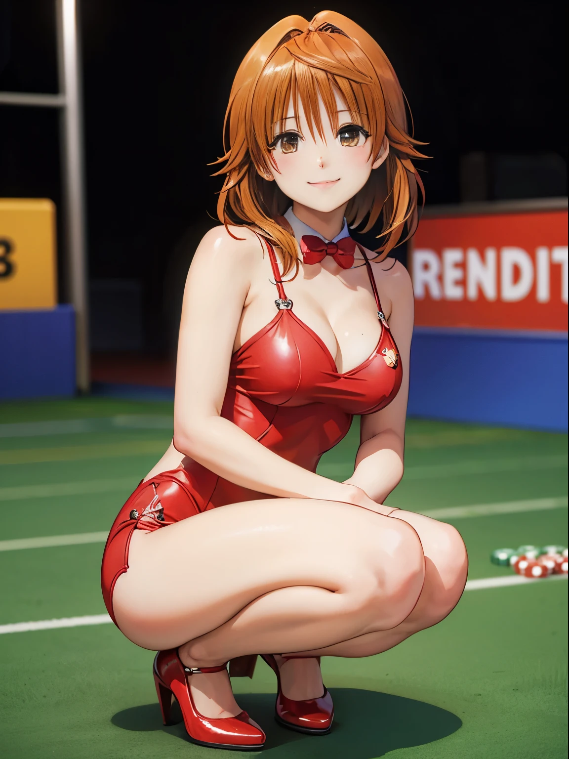 casino, smiling face, hand on heads, squatting legs , 40k, photography, masterpiece, best quality, (Riko), medium breastunny suit, red shoes), varied poses,