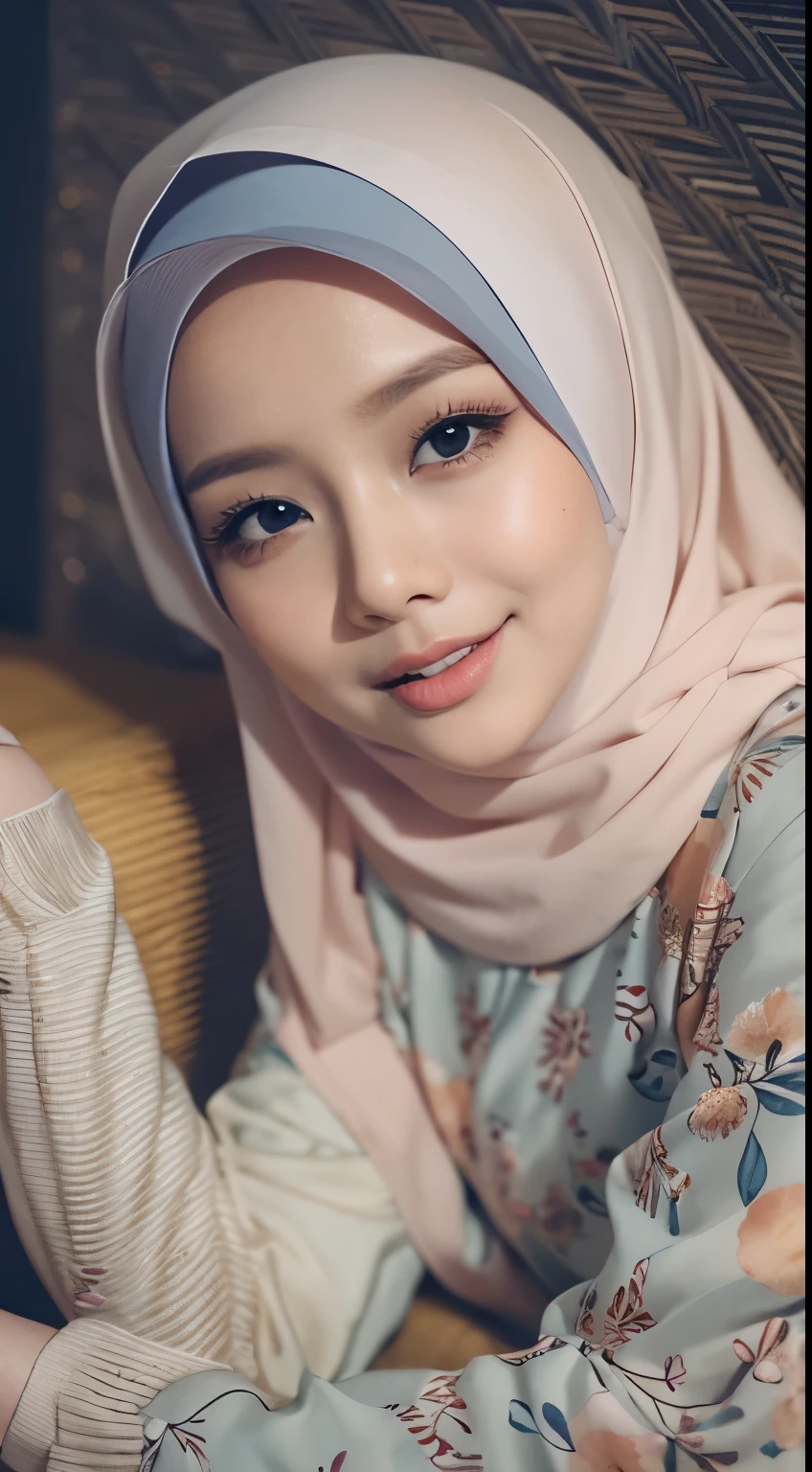 mira filzah lying and seducing pose, lying on bed, seducing,open both leg, wearing pastel color jacket and pastel color floral bra and panties in nighttime classroom, (mira filzah:1.6), wearing hijab, pastel color hijab, medium breast, medium chest, bright lighting, small round ass,