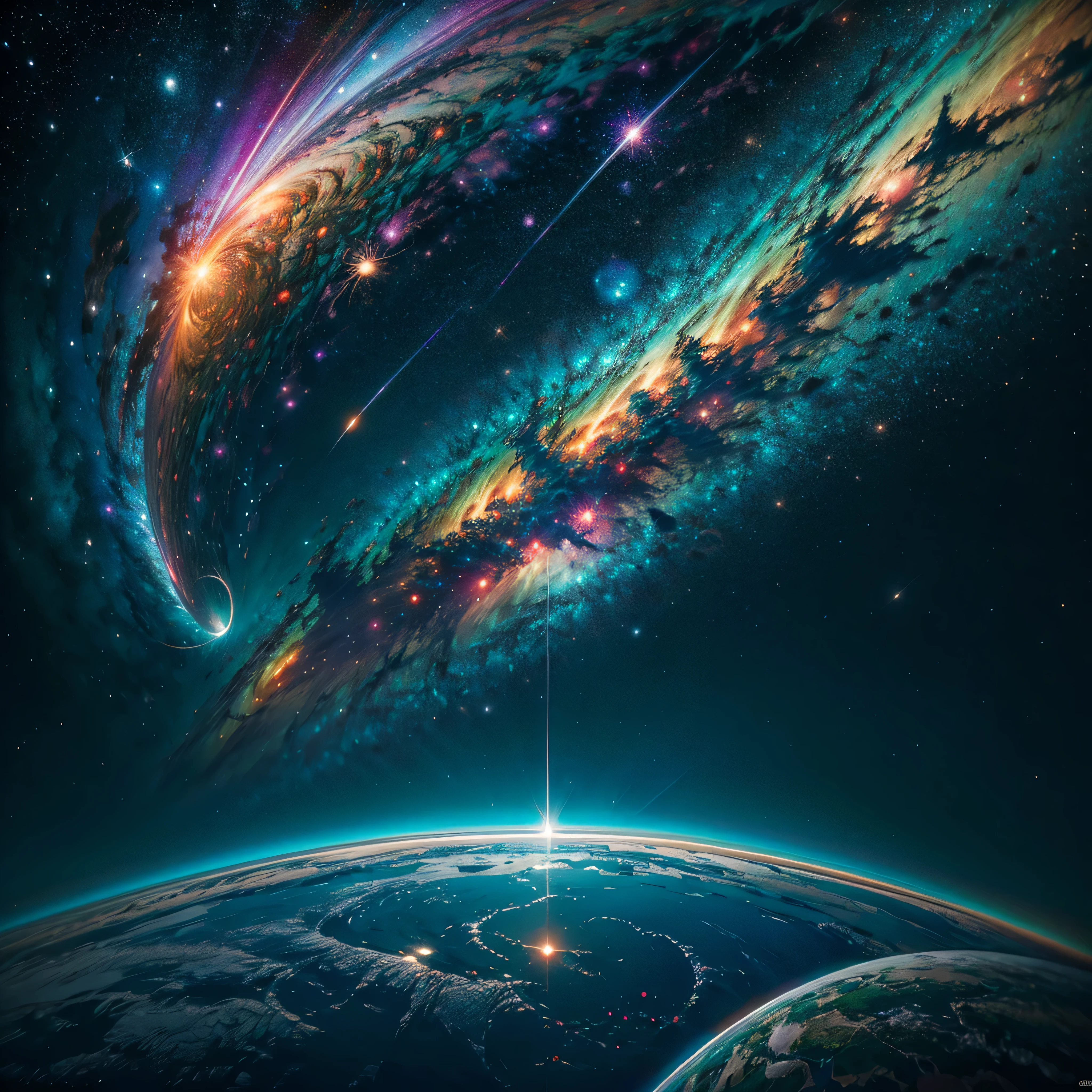 In the vast expanse of the cosmos, a breathtaking image unfolds before your eyes. In the heart of a starry galaxy, vibrant nebulae dance and swirl, their ethereal colors blending and intertwining. The scene is a symphony of cosmic beauty, with tendrils of interstellar dust and gas reaching out into the void. The stars shine with an otherworldly brilliance, illuminating the cosmic tapestry that stretches across the vastness of space. It is a visual feast for the senses, an awe-inspiring glimpse into the wonders of the universe. BREAK,Detailed,Realistic, highly detailed digital art,octane render, bioluminescent, BREAK,by Mappa studios,masterpiece,best quality,official art,illustration,ligne claire,(cool_color),perfect composition,absurdres, fantasy,focused,rule of thirds masterpiece meticulously intricate ultra_high-details extreme improved ultra_high-quality ultra_high-res ultra_photo-realistic optimal ultra_sharpness perfection accurate volumetric SunLight Lightning_contrast global_illumination cgi vfx sfx reflex Octane_rendered ultra_high-def UHD XT3 DSLR HDR romm rgb pbr 3dcg fxaa blu-ray vivid colors-coded anti-aliasing fkaa txaa rtx ssao opengl-shaders glsl-shaders post-processing post-production cell-shading tone-mapping ❤luminescence Heart glow hearth Crystalline earth radiant varies multi etc. --s 1000 --c 20 --q 20 --chaos 100