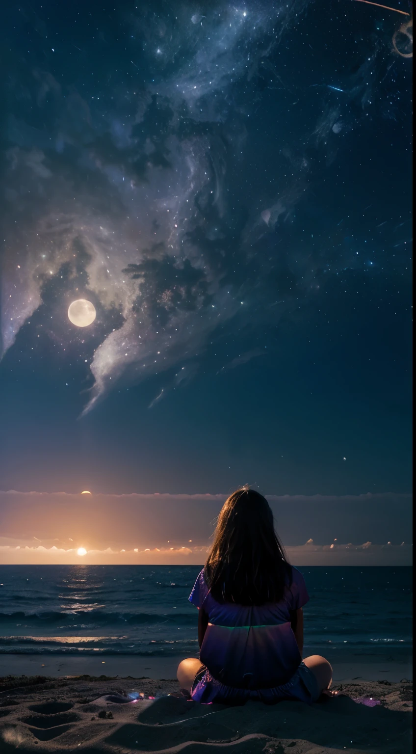 expansive landscape photograph, (a view from below showing the sky above and the beach below), a girl sitting on the beach sand, looking up, (full moon:1.2), (shooting stars:0.9), (nebula :1.3) , colorful details, (iridescent colors:1.2), (bright lighting, atmospheric lighting), dreamy, magical, (alone:1.2), dynamic lighting, two-tone lighting, high contrast