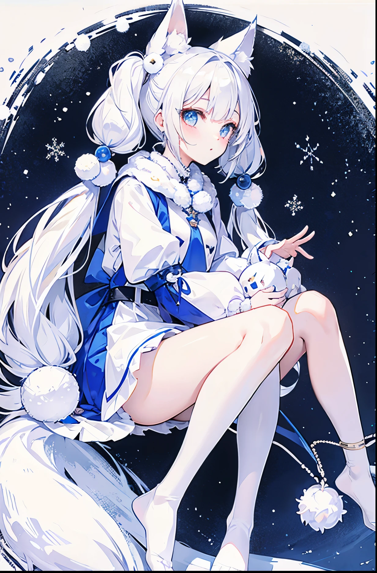 Snowball twintails,White skin of the,With silver necklace,Over-the-knee white socks,Snowy fox ears,Snow white fox tail,JK Uniform