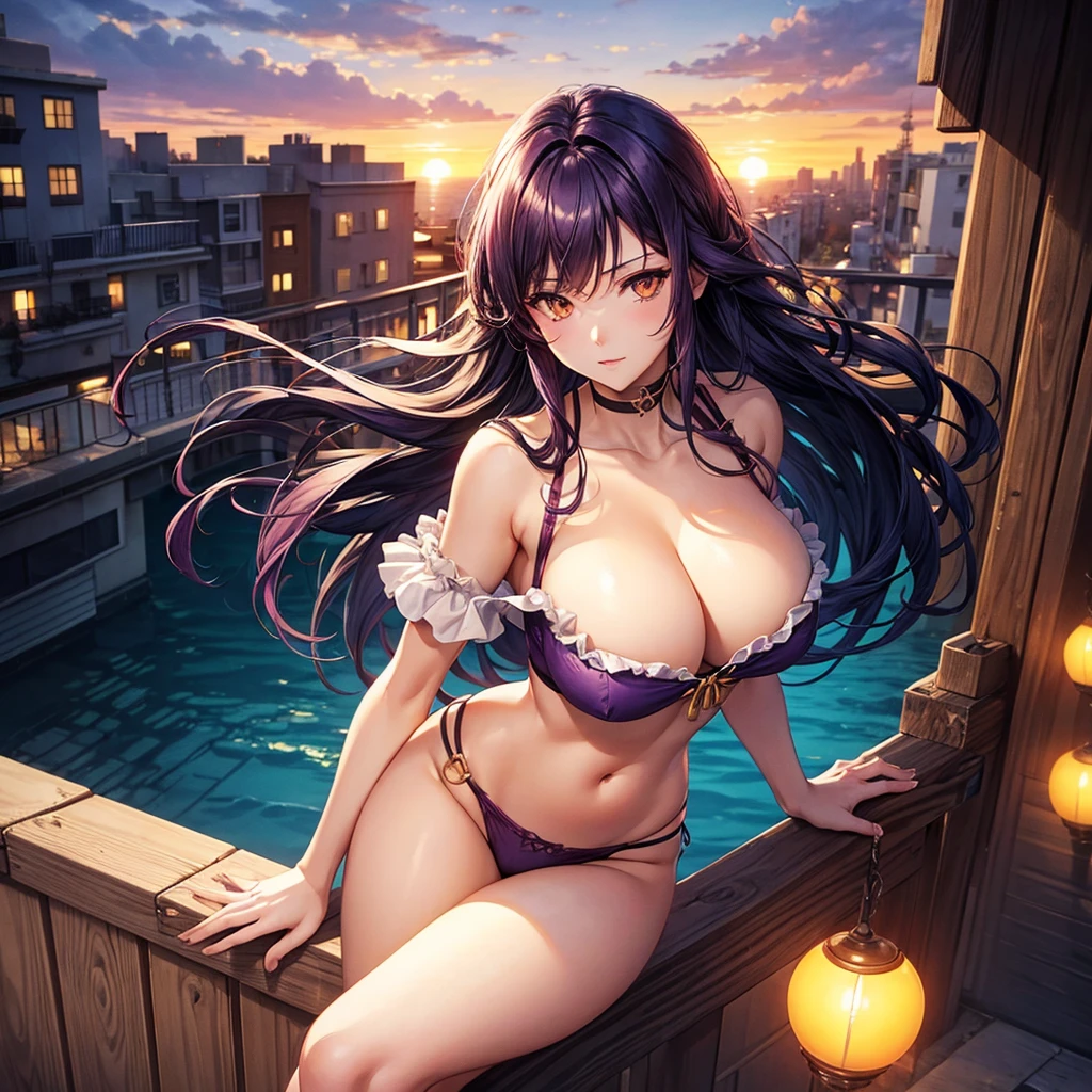 top view, girl, big boobs, cleavage, big hips, messy dark purple hair, orange eyes, balcony, leaning on the railing, sunset