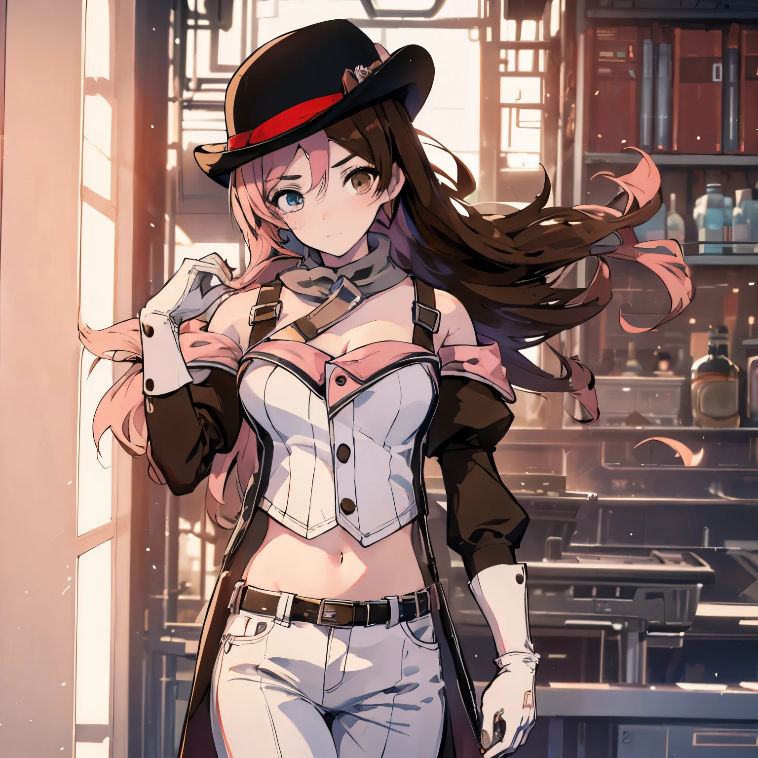 neopolitan, neopolitan, Long hair, Brown hair, (Brown eyes:1.3), Pink hair, multicolored hair, Pink eyes, Two-tone hair, (Heterochromia:1.2), split-colored hair, BREAK gloves, hat, Navel, Brown eyes, Detached sleeves, Midriff, Belt bag, Pants, White Gloves, black headwear, Bowler has, BREAK outdoors, BREAK looking at viewer, (Cowboy Shot:1.5), BREAK (masutepiece:1.2), Best Quality, High resolution, Unity 8k壁纸, (Illustration:0.8), (Beautiful detailed eyes:1.6), extra detailed face, Perfect Lighting, extremely details CG, (Perfect hands, Perfect Anatomy),