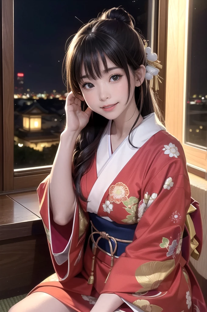 winter new year event announcement poster, (Best Quality,Photorealistic),Solo,beautiful japanese female,Traditional kimono,Natural posture,Gentle smile,Impressive gaze,Traditional hairstyle,Tatami room at dusk,Sitting by the window,Illuminated by city lights,(Engaging pose),Professional Photographer,Shallow depth of field,Backlight, Leaning forward, In a pose that looks like sitting straight facing the front., Hands on the floor, Tilt your head and look up, Smiling face, I would like to thank the viewers., ((within the screen「happy new year！」enter the text characters of))