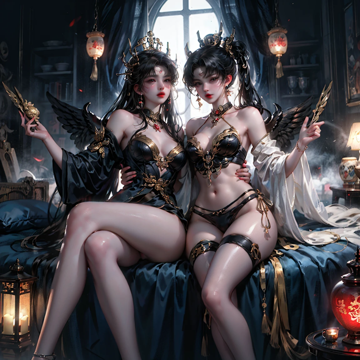 Two girls having close contact, 2个站立's女孩,stand posture,45 yers old,性感's, cropped shoulders, 性感's pose, window, 后窗's光线是背光's, (rim-light), 深刻's理解, lust, 's, Very shy, ( Reflector light), long leg breasts), 纤细's腰身, 完美's身材, 完美's手, 金色's头发, purity, Red belt, jewely, choker necklace, ear nipple ring, tiara crown, bookshelves, teapot, low light photography, Two girls having close contact, 两个美丽's白人女孩's特写镜头, 两具完整's女性身体, Complete two female bodies, crotch chuck, big chest and thin waist: 1.8, Glow skin, Hardly any clothes, Lop, 漂亮's脸, sexually arousing, sexual expressio, Hazy beauty, Camel toes, 解剖学上正确's, big chest and thin waist: 1.8, Full body lesbian, 纤细's腿和腰,Focus sharp,骨头是直's'Ace Focus,正确's身体解剖结构,完美's解刨学, Golden decoration, solid black background: 0.7, loong pattern, fenghuang, big chest and thin waist,high-heels,优雅's,Complete body,bare-legged,Glow skin,有着闪亮's银发,including legs and feet,特大巨大's胸,dairy cattle,迷人's眼睛,Slim abs:1.6,骨头是直's's,Decorative style,Translucent lingerie,正确's腿部解刨结构