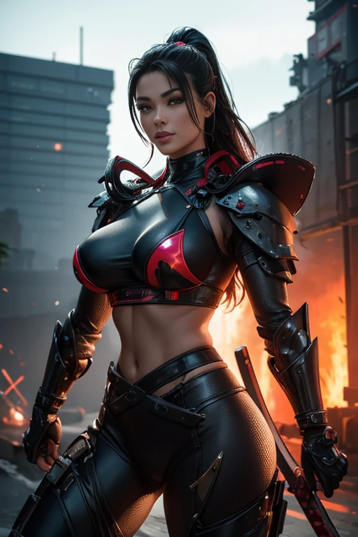 Beautiful Alluring Cyberpunk Samurai, pele nua, Well-toned athletic body, forma elegante, pele nua, Fora no Neon Palace, mal vestido, Beautiful Face, Smaurai-inspired bikini armor, mechanical limbs, segundo uma katana, Robotic parts on display, pele cromada, shiny neon pieces, japanese theme, tema cyberpunk, fiverr dnd personagem, octan render, arte digital, Detalhe extremo, 4k, Ultra HD |, polido, Beautiful, hiperdetalhado, intrincado, elaborar, meticuloso, fotorrealista, foco nítido, WLOP, design de personagens, Motor irreal, Volumetric lighting, reflexions, glossy, digital illustation,  Posar, Suggestive Posar, lascivo, tiro de corpo inteiro, nu, Visible , Inchado , 💖❤💕💋❣