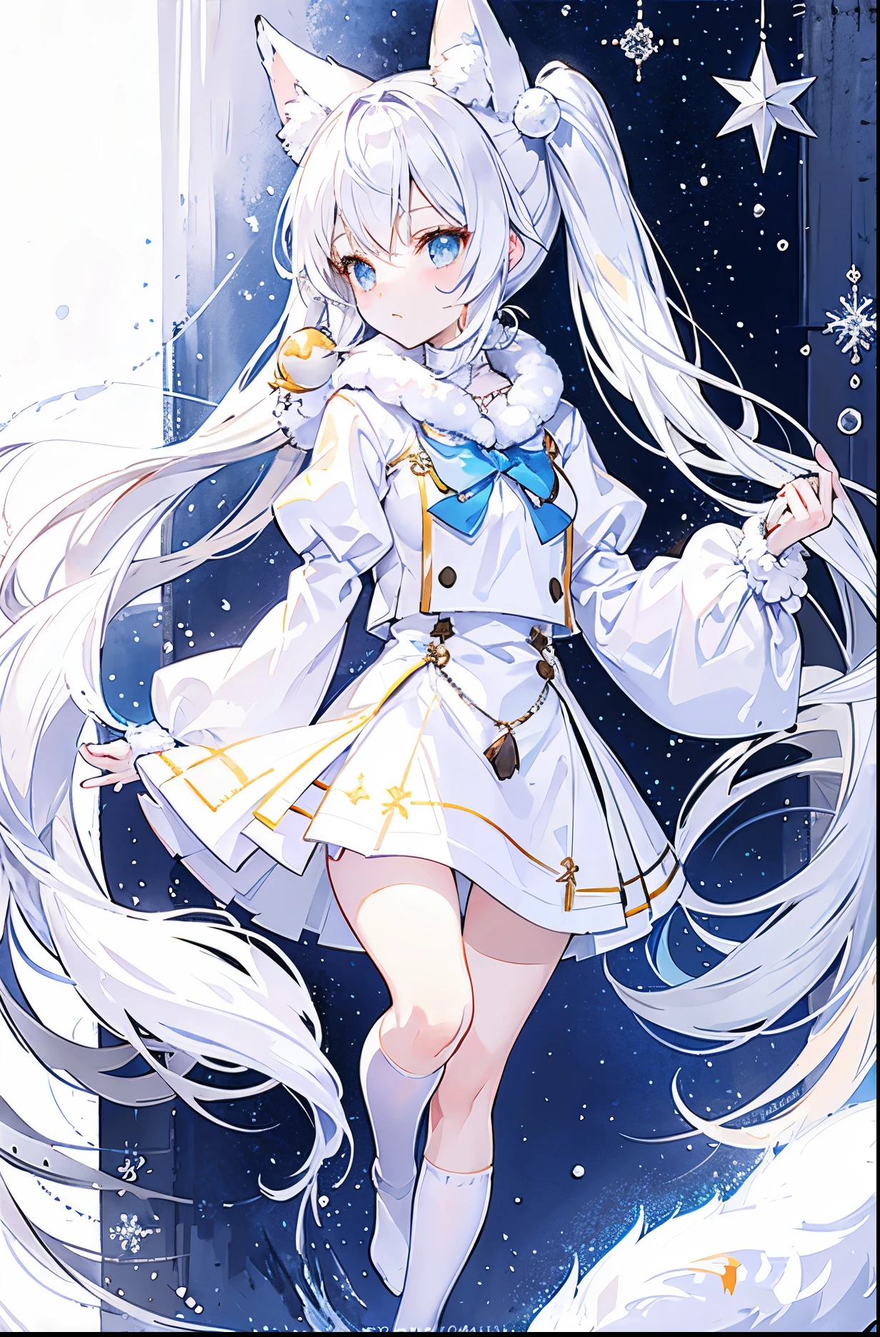 Snowball twintails，White skin of the，With silver necklace，Over-the-knee white socks，Snowy fox ears，Snow white fox tail，JK Uniform