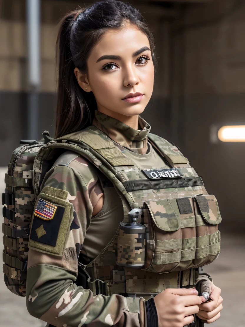 ((masterpiece、top-quality、realisitic、ultra-detailliert、hight resolution、Photorealsitic、foco nítido、lighting like a movie))、Stunning portrait of a beautiful woman、bustshot、Focus from the chest up、sad Facial expression、Beautiful detailed eyes、Medium Hair、Army camouflage uniform、Camouflage Tactical Vest、Long trousers with camouflage pattern、Combat gloves、rucksack、Black Military Undershirt、Tanks on the background、White smoke、Detailed hand depiction、Latina