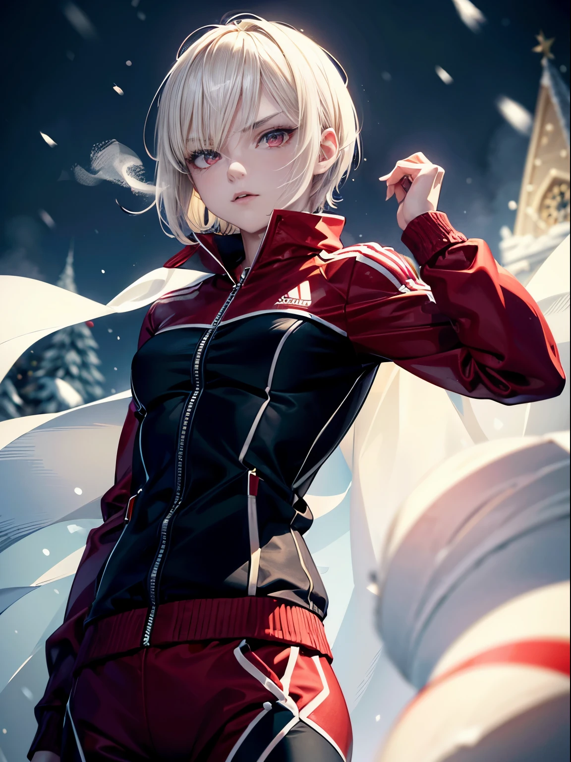 Slavic woman, blond hair, short hair , white skin, red eyes, tracksuit, very muscular, small chest, vampire, the night, winter, snowing, snowingflakes, snowingy, Christmas, black mask, superhero, Smoke, Masterpiece, Best Quality, (hight resolution) (Original) , (very detailed wallpaper) , very, hard shadows, Cinematic shot, dramatic lighting