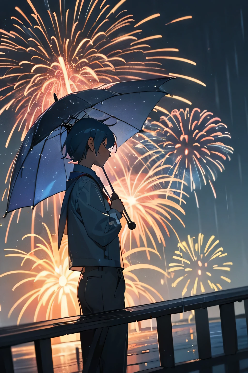 Masterpiece, best quality, super detailed, illustration In the rainy night sky、Colorful large fireworks bloom magnificently、Fireworks blast blows away the surrounding rain clouds、Clear the sky。Below that、A person who have a blue hair and blue cat ears play fireworks , his profile was illuminated by the light of fireworks.、In the background, Cityscape changing from rain to sun.。The spectacle is nostalgic and fantastic