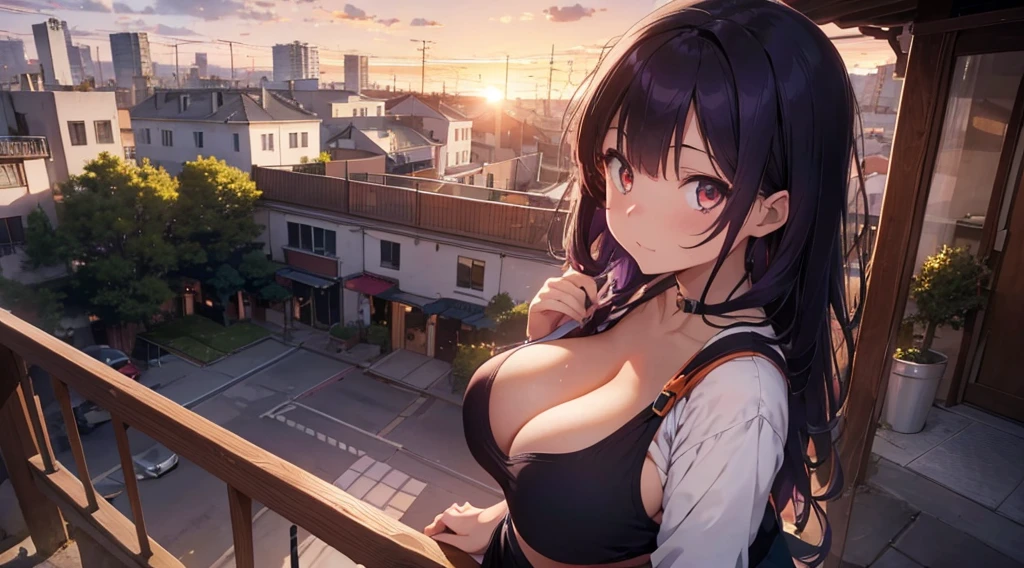 top view, girl, big boobs, cleavage, big hips, messy dark purple hair, orange eyes, balcony, leaning on the railing, sunset