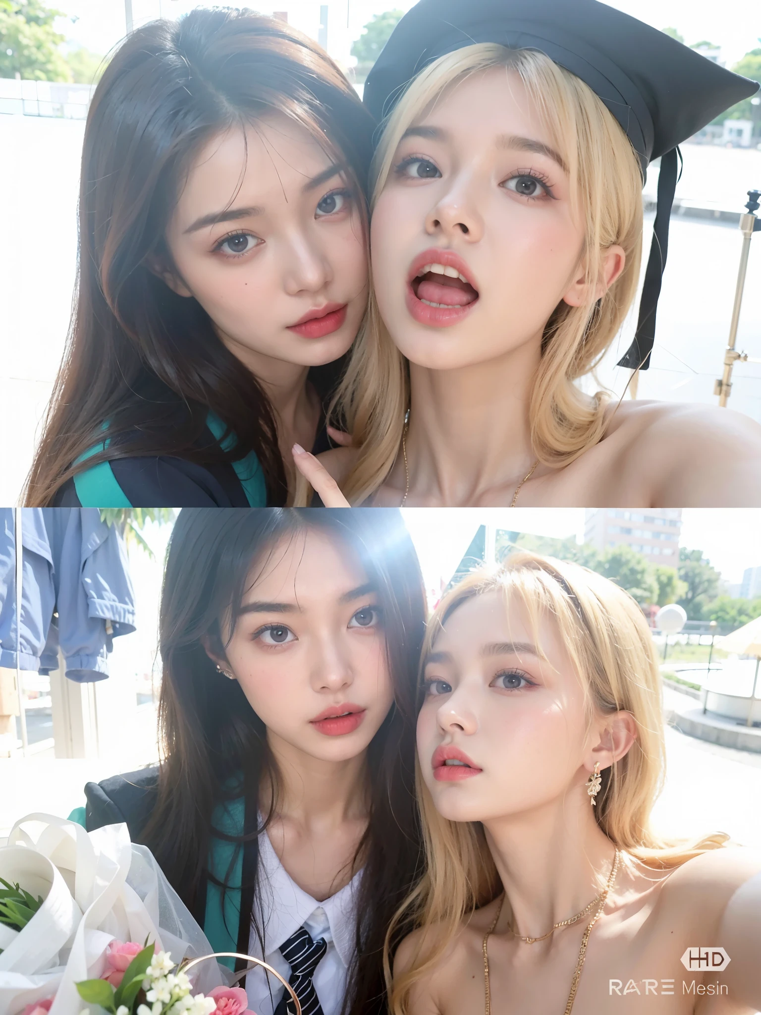 duas fotos de duas mulheres em vestidos de formatura posando juntas para uma foto, ullzang femininas, rosé and jennie, rosé and jennie, both have red lips, Lalisa Manoban, Ulzzang, Fotografia selfie 8k, Park Roseanne e Jennie Kim do Blackpink, melhor qualidade, hd,
