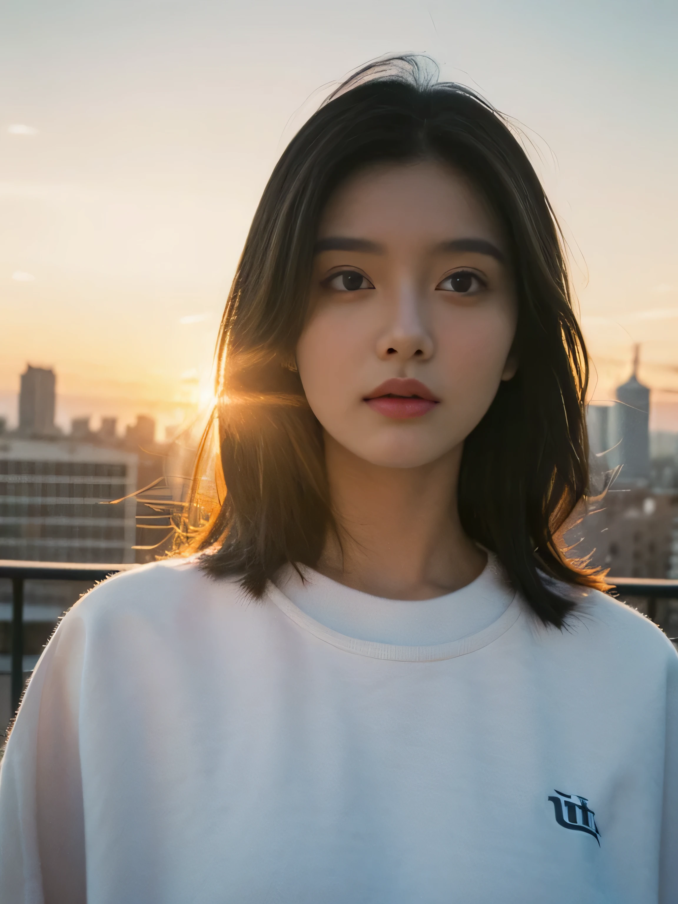 girl, medium hair, big eyes, white oversize sweatshirt, at downtown, sunset, (photorealistic:1.2), (ultra realistic:1.3), (very detailed:1.1), ((masterpiece))