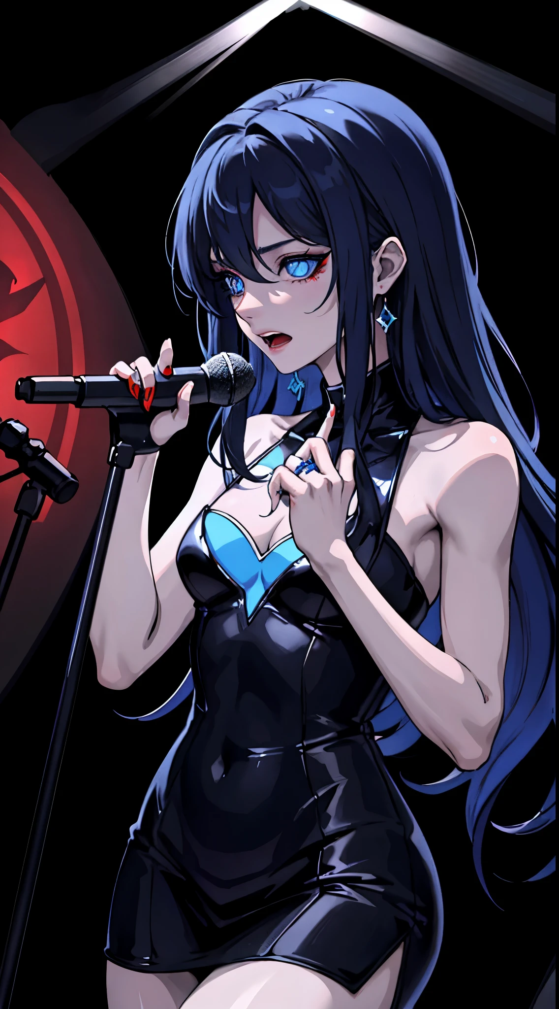 disaster々Close-up of glowing devil&blue eyess, Dark and chilling elements of horror movies, perfect masterpiece, High quality, High resolution,Two Women,Singing on stage with a microphone