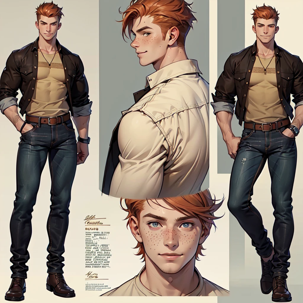 ((masterpiece)) ((best quality)) (portrait character design sheet) (same character, front, side, back) portrait, solo, male, (detailed face) 8k, 18 years old, tall athletic, low and fade ginger hair, ((detailed brown eyes), (beautifull eyes), freckles, shirt, black jeans, smile, pride