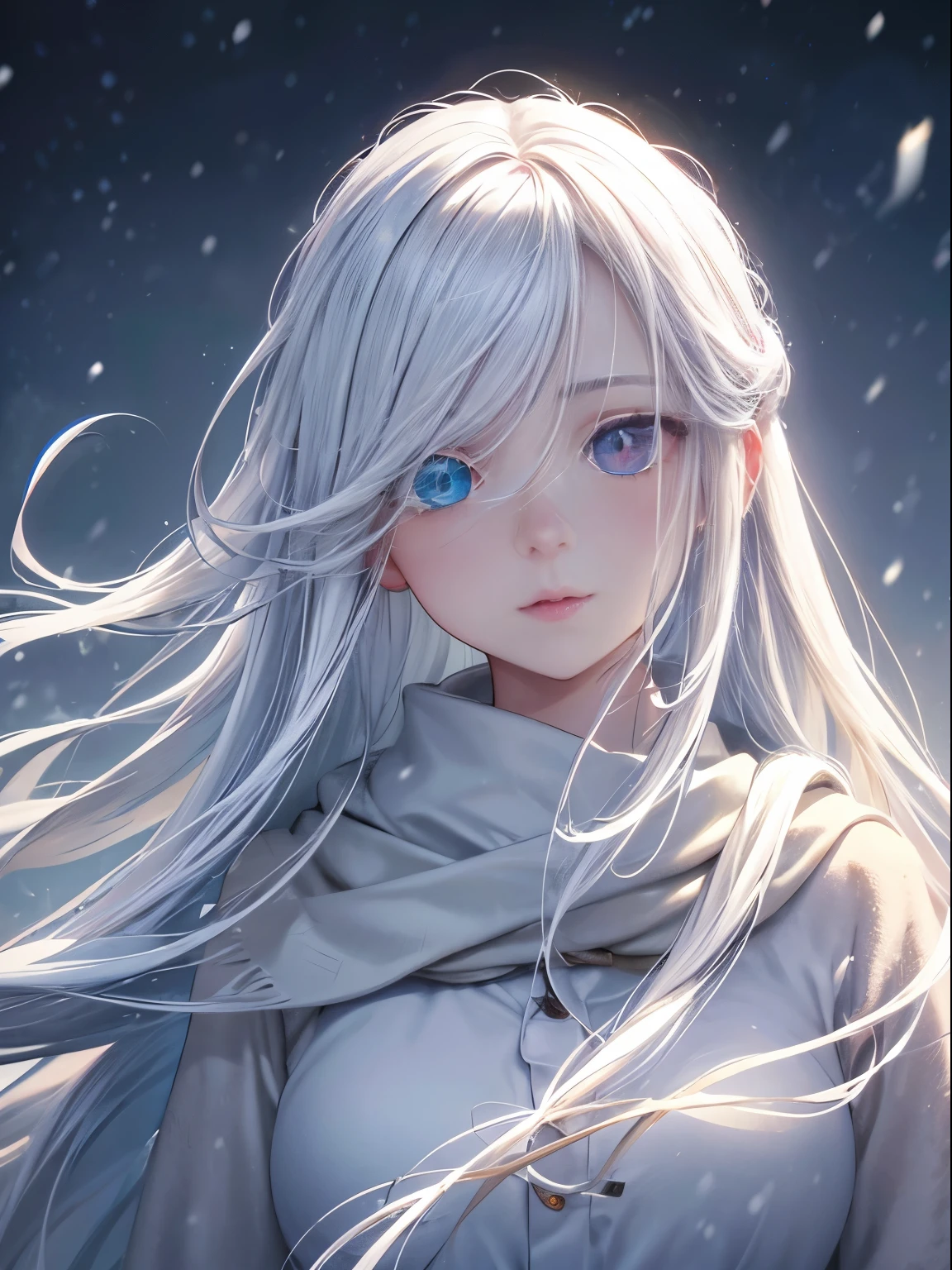 Girl with long white hair, open forehead, (heterochromia eyes), two colours eyes, office suite, the night, winter, snowing, snowingflakes, snowingy, Christmas, Masterpiece, Best Quality, (hight resolution) (Original) , (very detailed wallpaper) , very nice , hard shadows, Cinematic shot, dramatic lighting