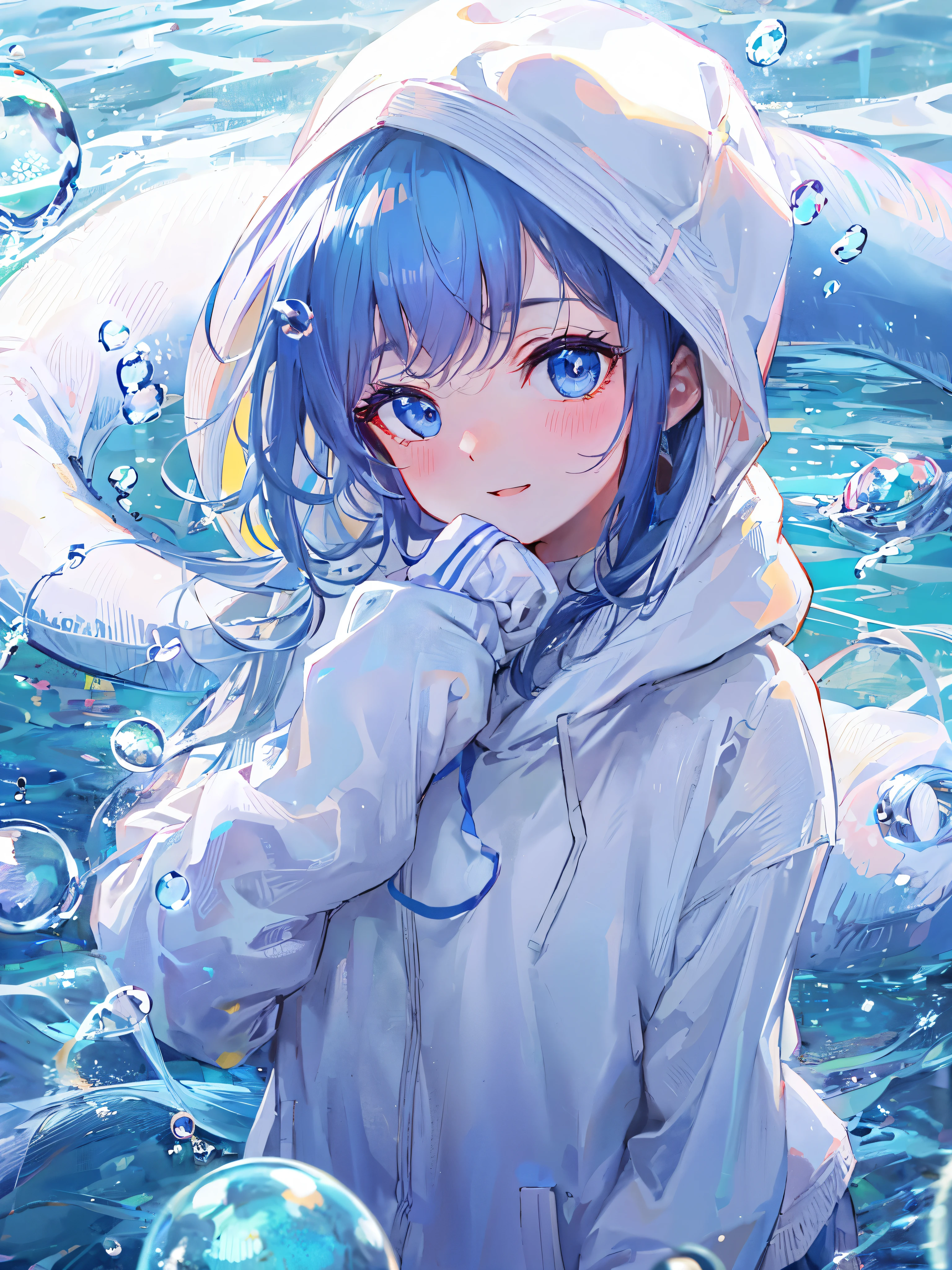 ((top-quality)), ((masterpiece)), ((ultra-detailliert)), (Extremely delicate and beautiful), girl with, report, cold attitude,((White hoodie)),彼女はwith theても(relax)with the(Settled down)Looks,depth of fields,Evil smile,Bubble, under the water, Air bubble,Underwater world bright light blue eyes,明るい白髪with the水色の先端を持つインナーカラー,,,,,,,,,,,,,,,,,,,,,,,Cold background,Bob Hair - Linear Art, shortpants、knee high socks、White uniform like school uniform、Light blue ribbon ties、Clothes are sheer、The hand in my right pocket is like a sapphire,Fronllesse Blue, A small blue light was floating、fantastic eyes、selfy,Self-shot、Bangs fall on the eyes, give a sexy impression.(shenron)(drak)(early morning)