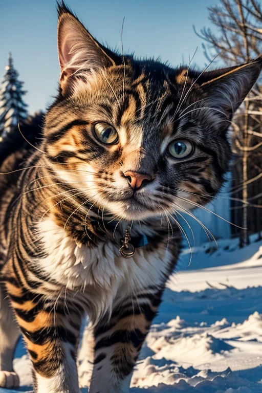 portrait of a cat against the background of a winter landscape