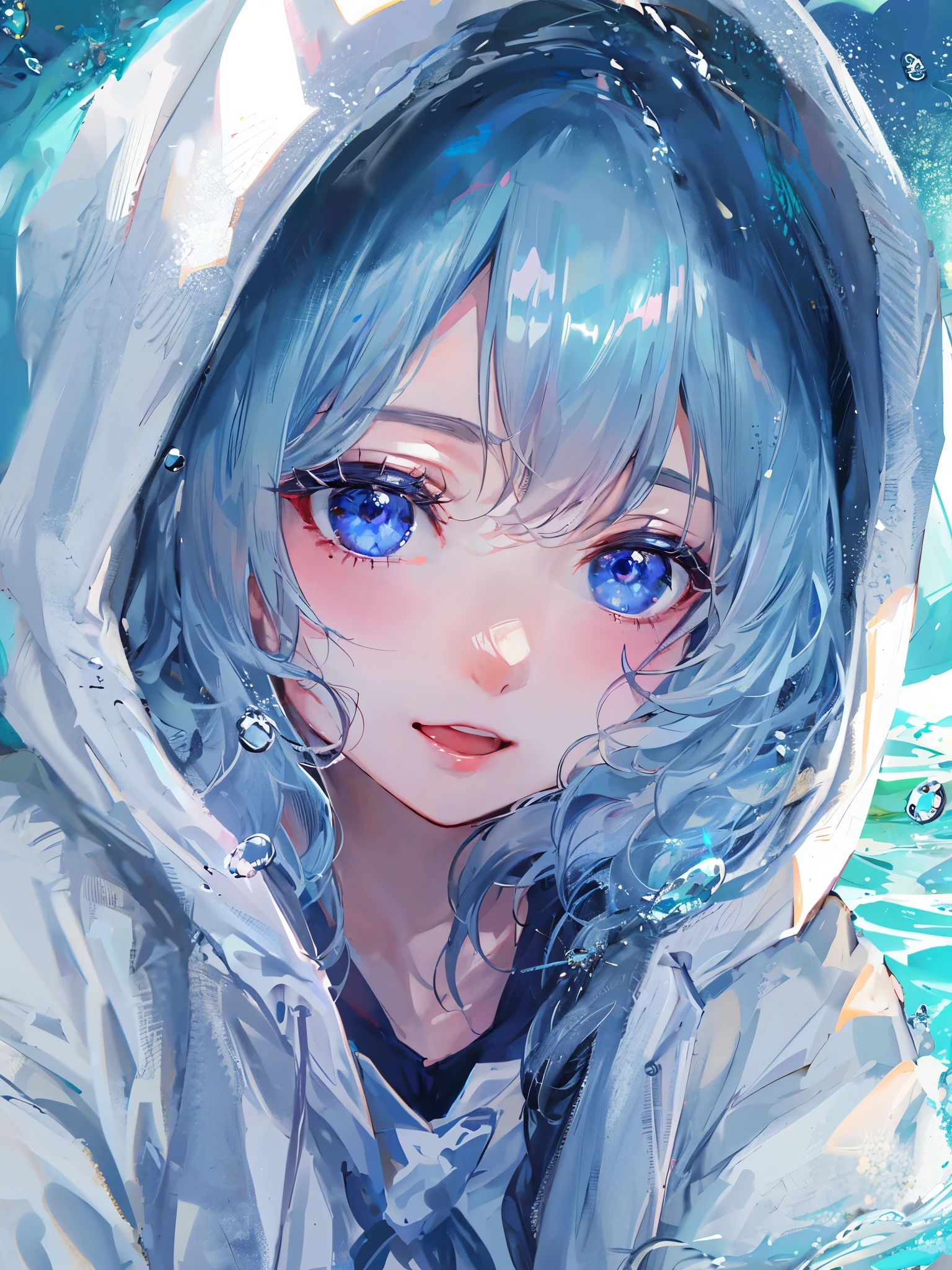 ((top-quality)), ((masterpiece)), ((ultra-detailliert)), (Extremely delicate and beautiful), girl with, report, cold attitude,((White hoodie)),彼女はwith theても(relax)with the(Settled down)Looks,depth of fields,Evil smile,Bubble, under the water, Air bubble,Underwater world bright light blue eyes,明るい白髪with the水色の先端を持つインナーカラー,,,,,,,,,,,,,,,,,,,,,,,Cold background,Bob Hair - Linear Art, shortpants、knee high socks、White uniform like school uniform、Light blue ribbon ties、Clothes are sheer、The hand in my right pocket is like a sapphire,Fronllesse Blue, A small blue light was floating、fantastic eyes、selfy,Self-shot、Bangs fall on the eyes, give a sexy impression.(shenron)(drak)(early morning)