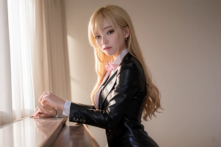 an beautiful，
(((tmasterpiece))), ((Best quality)), ((intricately details)), ((hyper realisitc)), Ridiculous resources, 摩洛解放阵线, Mature woman, （），Perspectives, The content is very detailed, lamplight, Perfect hands, detailed finger, 美丽细致lewd eyes, Long blonde hair, 棕色lewd eyes, CEO, (Professional Dress:1.2), Blazer in similar color scheme，Paired with thin lapel dress,Black leather pantyhose,Pink collar, ear nipple ring, livestock, detailedbackground, Bedrooms, 完美lewd eyes, lewd eyes, looking at viewert, seen from the side
