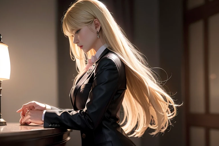 an beautiful,
(((tmasterpiece))), ((Best quality)), ((intricately details)), ((hyper realisitc)), Ridiculous resources, 摩洛解放阵线, Mature woman, (),Perspectives, The content is very detailed, lamplight, Perfect hands, detailed finger, 美丽细致lewd eyes, Long blonde hair, 棕色lewd eyes, CEO, (Professional Dress:1.2), Blazer in similar color scheme,Paired with thin lapel dress,Black leather pantyhose,Pink collar, ear nipple ring, livestock, detailedbackground, Bedrooms, 完美lewd eyes, lewd eyes, looking at viewert, seen from the side