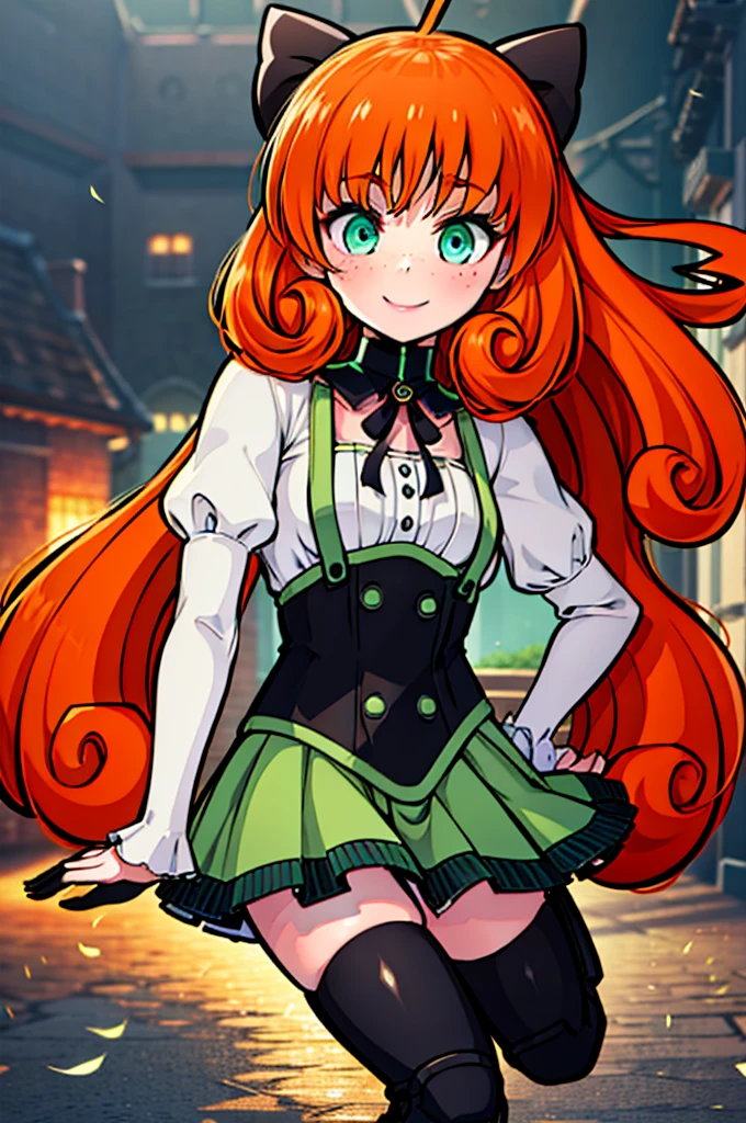 pennymk2, detailed face, beautiful, blur, depth of field, green eyes, freckles, black bow, (power symbol:1.2), black ribbon, black thighhighs, mechanical legs, smile, long hair, juliet sleeves, white blouse, suspender skirt, corset, buttons, orange hair, 8k wallpaper, octane render, cinematic lighting, best quality, highres, absurdres, sharp focus, (8k), (4k), (Best Quality), fantasy, extremely detailed, intricate, hyper detailed, (perfect face), illustration, soft lighting, (specular lighting:1.4), smile, full body