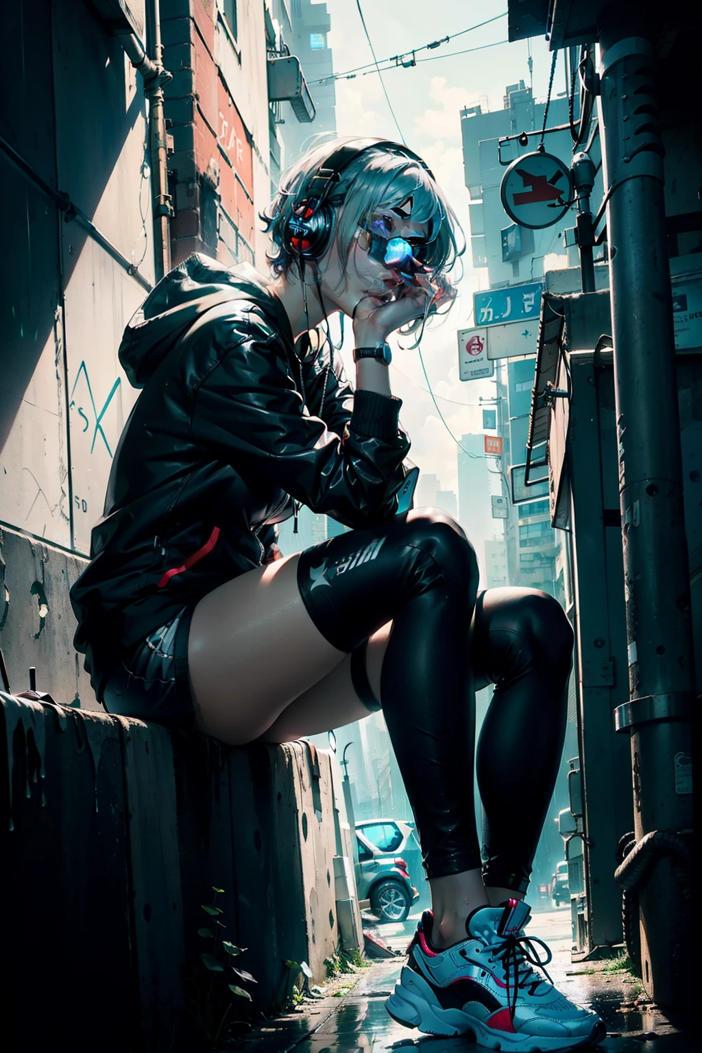 cinematic angle,solo focus,full body,close-up,cityscape,detailed background,cyberpunk city,street lamp,road,Bustling city,{{realistic}},solo,messy_hair,short_hair,Silver hair,blue_eyes,sitting,adjusting hair,hoodie,shorts,black_thighhighs,sneakers,neck ribbon,collar,headphone,breasts,small_breasts,cinematiclighting,ray tracing,reflection light,{best quality},{{masterpiece}},{highres},1girl,{A girl is sitting on a stair},rain,young female,Cyberpunk,cheek-to-cheek,{girl focus on},science fiction,(intricate detail),{photorealistic},Perfect female body,priscm;lights:1.2,priscm;blue eyes:1.6,priscm;hair:1.8,rainy day