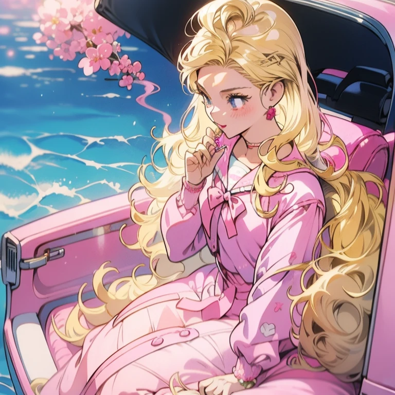 (Blonde Barbie:1.2),(pink outfits:1.1),(vintage 90's:1.1),(romance anime style:1.3), sitting in Pink car, Pink cardigan, smoking, long hair, no bangs
