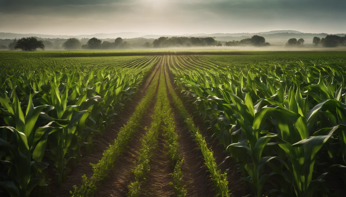 a wide-angle shot of a vast cornfield, showcasing the rows of tall, vibrant green stalks as they stretch into the distance