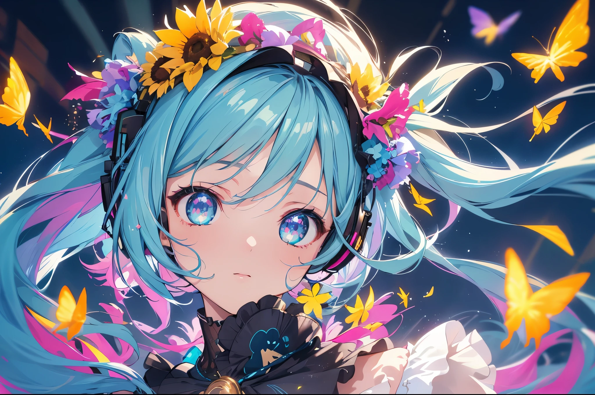 (best quality,4k,8k,highres,masterpiece:1.2),ultra-detailed,(realistic,photorealistic,photo-realistic:1.37),indigo,twin pigtails,hatsune miku girl,headphones,stellar eyes,gazing at me,anime style,colorful,neon lights,night scene,glowing stars,lush garden,Piano in the background,ribbons,sunflowers,butterflies,dreamy atmosphere,vibrant colors,surreal,pastel palette,vivid highlights,dynamic pose,dancing,ethereal beauty,musical notes floating around,soft focus,sparkling charm,intricate details,celestial patterns,fantasy theme,film-like quality,magical ambiance,expressive features.