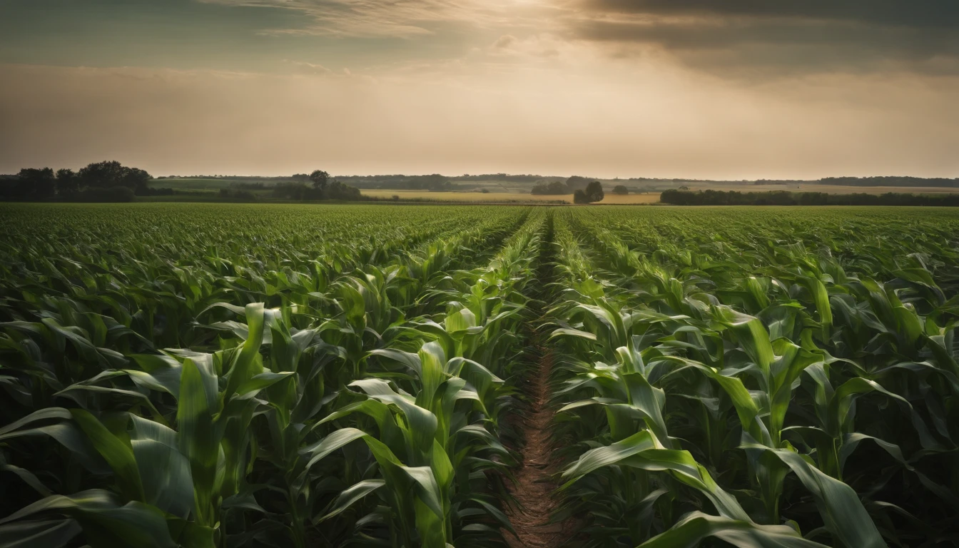a wide-angle shot of a vast cornfield, showcasing the rows of tall, vibrant green stalks as they stretch into the distance