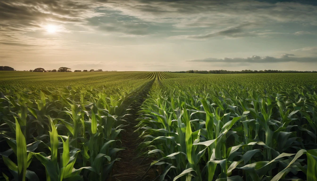 a wide-angle shot of a vast cornfield, showcasing the rows of tall, vibrant green stalks as they stretch into the distance