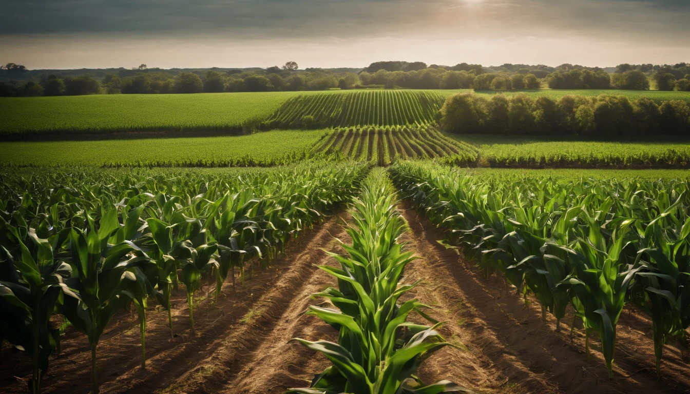 a wide-angle shot of a vast cornfield, showcasing the rows of tall, vibrant green stalks as they stretch into the distance