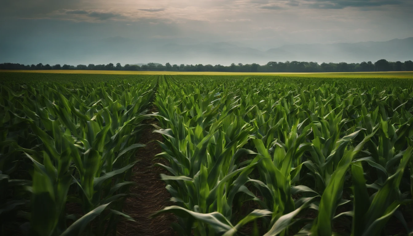 a wide-angle shot of a vast cornfield, showcasing the rows of tall, vibrant green stalks as they stretch into the distance