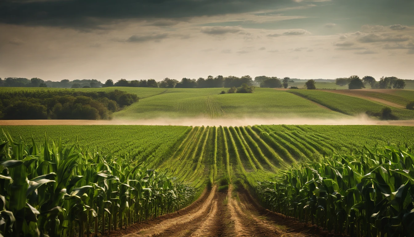 a wide-angle shot of a vast cornfield, showcasing the rows of tall, vibrant green stalks as they stretch into the distance
