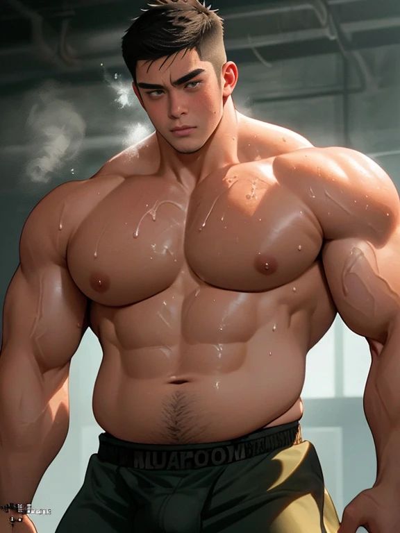 (Refreshing high school boy:1.1)、Physical Men、muscular chest、Muscular arms、Correct anatomy、(panting from fatigue)、Steaming breath、(Sweating+dripping with sweat)、(Breathless)、(Dramatic Lighting)、super huge pectoral muscles、super huge testicles、assertive testicles、fat without erection々Shii Chinpo