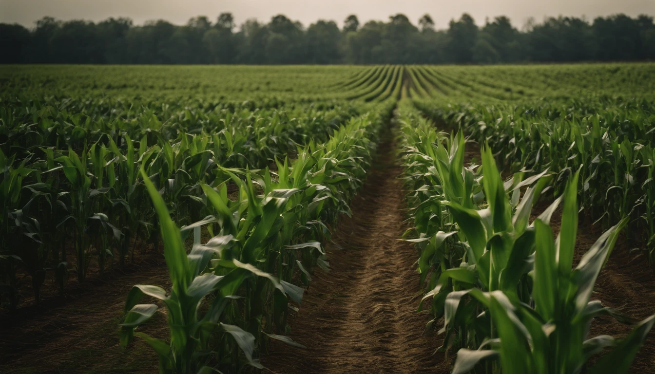 a wide-angle shot of a vast cornfield, showcasing the rows of tall, vibrant green stalks as they stretch into the distance