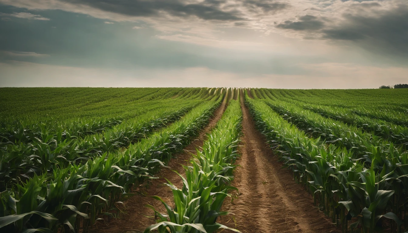 a wide-angle shot of a vast cornfield, showcasing the rows of tall, vibrant green stalks as they stretch into the distance