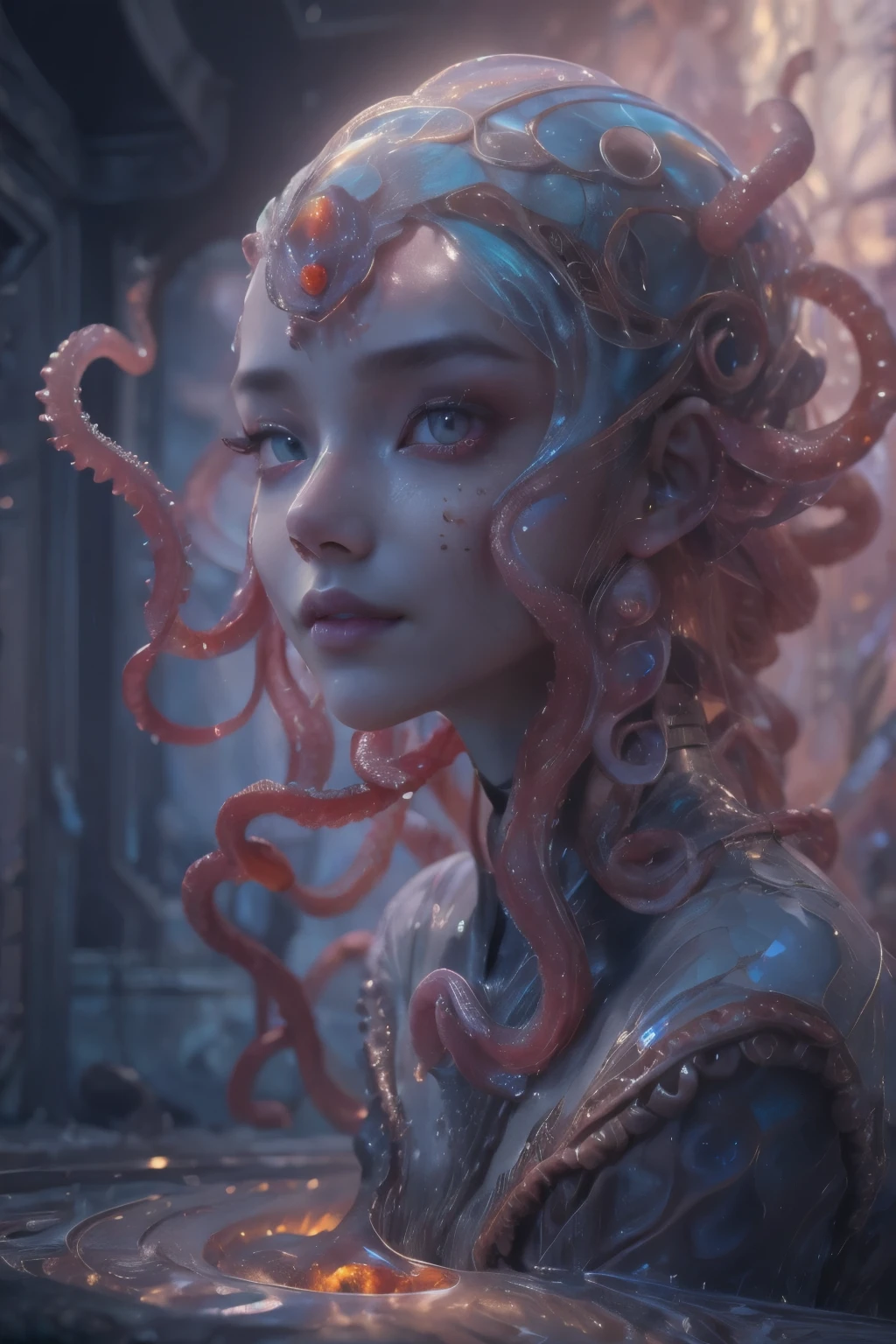 Portrait, (beautiful female alien:1.2), (she has red eyes with no pupils:1.8), (Translucent skin:1.7), (There is a female genital-like organ in the middle of the forehead.:1.9), (The most beautiful face in the history of the universe:1.2),an evil gaze that seduces, (large mouth:1.1), (sharp teeth like a vampire:1.2), Full body like, (bio luminescent:1.5), (Smile wickedly:1.3), (sexypose:1.5), alien, No humans, cells are fused, (Lots of translucent tentacles:1.3) extraterrestrial, cell, bio image, Best Quality, 8K,4K_quality, High Definition, Dramatic Lighting, masutepiece:1.5,cinematic quality, detail up, (Intricate details:1.2), High resolution, High Definition, drawing faithfully, (Thick eyebrows:1.2), Beautiful eyes with fine symmetry,(Highly detailed face and eyes:1.2), Intimate face, (Super detailed skin quality feeling:1.4), Perfect Anatomy, (Beautiful toned body:1.5), (Moist skin:1.2), No makeup, (dark circles:1.1), long canines, cinematic drawing of characters, ultra high quality model, cinematic quality, detail up, (Intricate details:1.2), High resolution, High Definition, drawing faithfully, Official art, Unity 8K wall , 8K Portrait, Best Quality, Very High resolution, ultra detailed artistic photography, midnight aura, unreal enginee 5, Ultra Sharp Focus, art by alberto seveso, ArtGerm, Roisch, intricate artwork, best quality, masutepiece, ultra High resolution, (photos realistic:1.4), Ultra-realistic realism, dream-like, nautilus, Creation of fantasy, Snail, Dream Snail, biopunk nautilus, Thrilling color schemes, Ultra-realistic realism, seductively smiling, Blue tentacles,