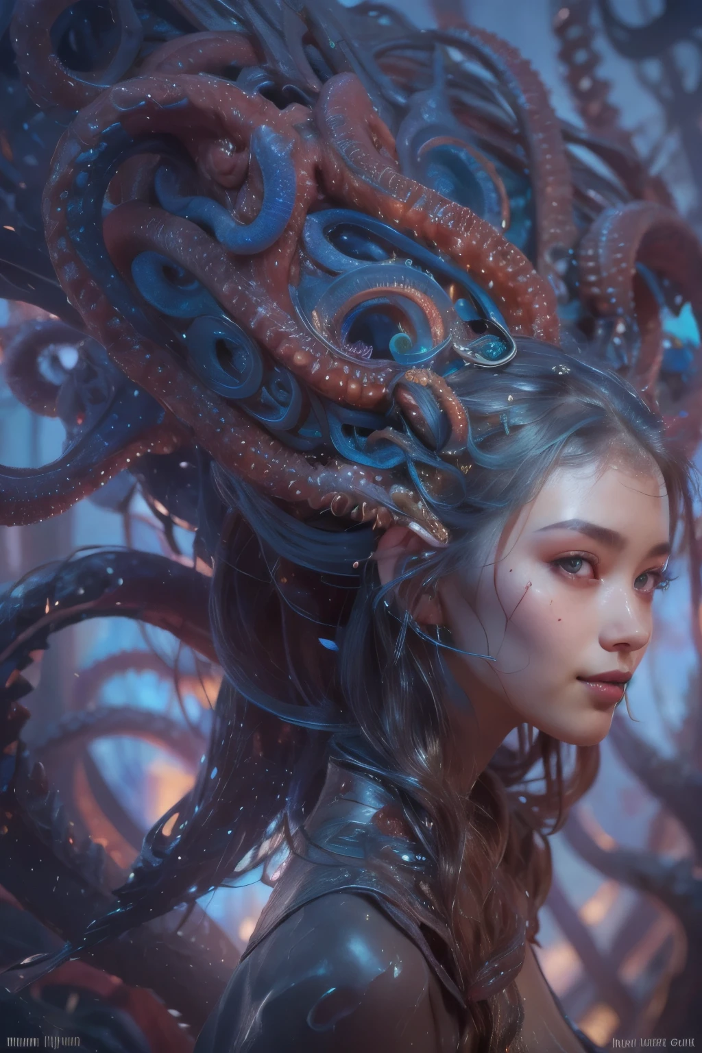 Portrait, (beautiful female alien:1.2),  (she has red eyes with no pupils:1.8), (Translucent skin:1.7),  (There is a female genital-like organ in the middle of the forehead.:1.9), (The most beautiful face in the history of the universe:1.2),an evil gaze that seduces, (large mouth:1.1), (sharp teeth like a vampire:1.2), Full body like, (bio luminescent:1.5), (Smile wickedly:1.3),  (sexypose:1.5), alien, No humans, cells are fused, (Lots of translucent tentacles:1.3) extraterrestrial, cell, bio image, Best Quality, 8K,4K_quality, High Definition, Dramatic Lighting, masutepiece:1.5,cinematic quality, detail up, (Intricate details:1.2), High resolution, High Definition, drawing faithfully, (Thick eyebrows:1.2), Beautiful eyes with fine symmetry,(Highly detailed face and eyes:1.2), Intimate face, (Super detailed skin quality feeling:1.4), Perfect Anatomy,  (Beautiful toned body:1.5),  (Moist skin:1.2), No makeup, (dark circles:1.1), long canines, cinematic drawing of characters, ultra high quality model, cinematic quality, detail up, (Intricate details:1.2), High resolution, High Definition, drawing faithfully, Official art, Unity 8K wall  , 8K Portrait, Best Quality, Very High resolution, ultra detailed artistic photography, midnight aura,  unreal enginee 5, Ultra Sharp Focus, art by alberto seveso, ArtGerm, Roisch, intricate artwork, best quality, masutepiece, ultra High resolution, (photos realistic:1.4), Ultra-realistic realism, dream-like,  nautilus, Creation of fantasy, Snail, Dream Snail,  biopunk nautilus, Thrilling color schemes， Ultra-realistic realism， seductively smiling, Blue tentacles,