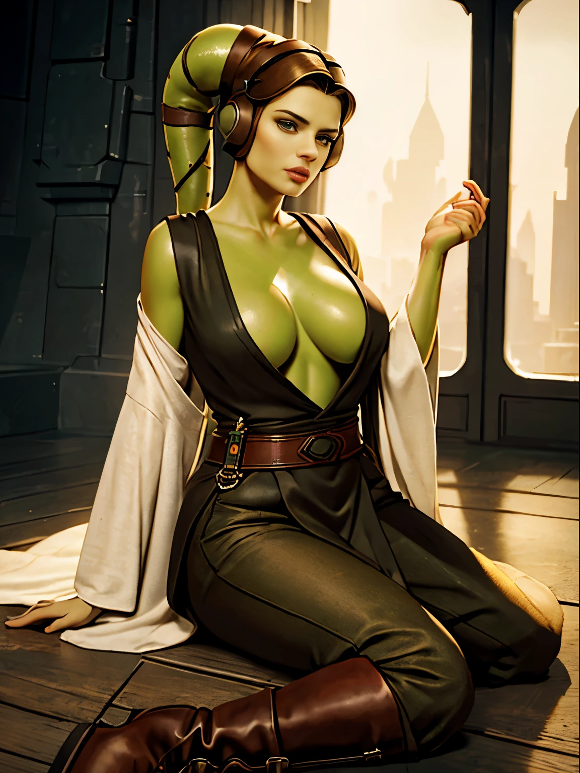 (best quality, masterpiece, highly detailed), Hayley Atwell, (green skin), sexy Twi'lek, large breasts, Jedi, dark brown robes, Jedi robes, beige tunic, loose trousers, long boots, brown cloth, buckles, straps, Star Wars, lekku markings