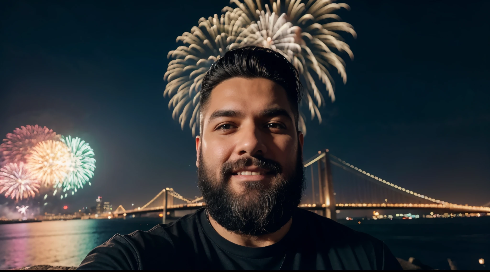 FIREWORKS , there is a man with a beard and a black shirt on, uma foto de um homem desgrenhado, imagem de qualidade muito baixa, foto granulada de um homem feio, captured with sony a3 camera, ele tem cerca de 60 anos, ele tem cerca de 6 0 anos de idade, Foto de perfil, Fotografia selfie 8k, Tiro com iPhone 1 0