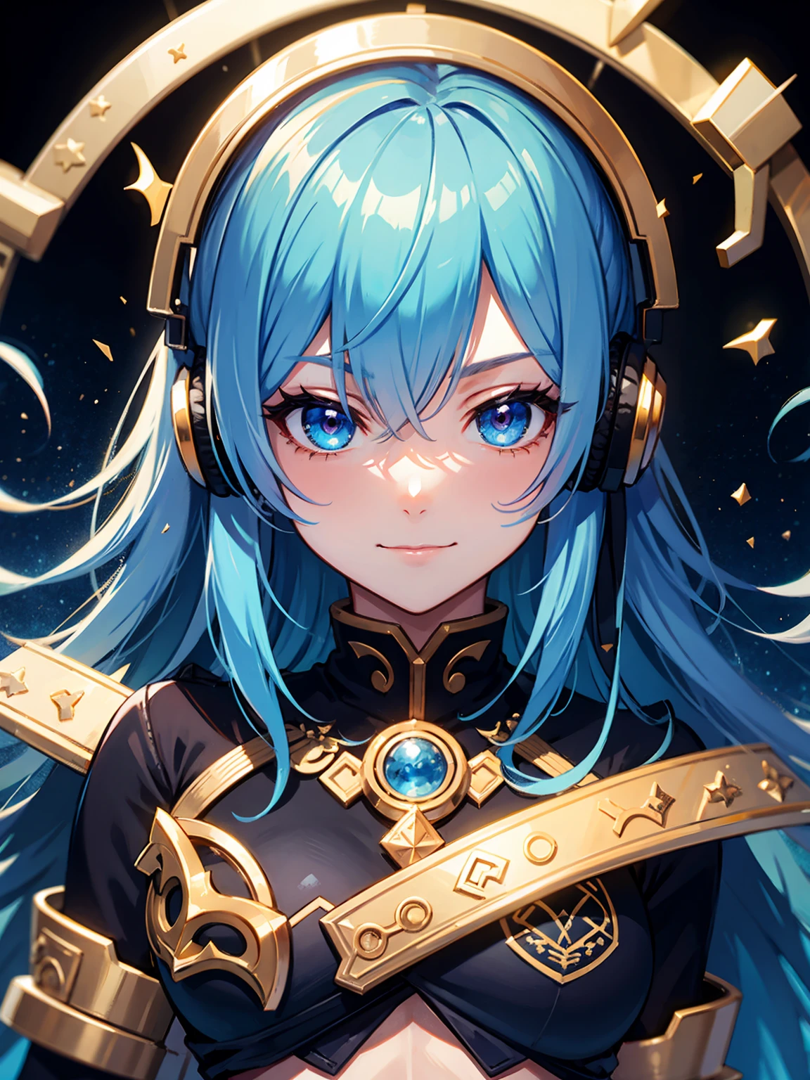 (masterpiece), (best quality), (ultra-detailed), (masterpiece), (best quality), (ultra-detailed), (High Quality), ((perfect eyes)), volumetric light, cinematic lighting, perfect face, jewel like eyes, (upper body), very long hair, black armored dress, tactical headphones, 1 female, blue hair, blue eyes, black background, smirk, abs, muscle, sleeveles, upper body,