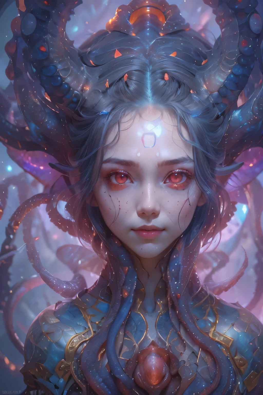 Portrait, (beautiful female alien:1.2),  (she has red eyes with no pupils:1.8), (Translucent skin:1.7),  (There is a female genital-like organ in the middle of the forehead:1.9), (The most beautiful face in the history of the universe:1.2),an evil gaze that seduces, (large mouth:1.1), (sharp teeth like a vampire:1.2), Full body like, (bio luminescent:1.5), (Smile wickedly:1.3),  (sexypose:1.5), alien, No humans, cells are fused, (Lots of translucent tentacles:1.3) extraterrestrial, cell, bio image, Best Quality, 8K,4K_quality, High Definition, Dramatic Lighting, masutepiece:1.5,cinematic quality, detail up, (Intricate details:1.2), High resolution, High Definition, drawing faithfully, (Thick eyebrows:1.2), Beautiful eyes with fine symmetry,(Highly detailed face and eyes:1.2), Intimate face, (Super detailed skin quality feeling:1.4), Perfect Anatomy,  (Beautiful toned body:1.5),  (Moist skin:1.2), No makeup, (dark circles:1.1), long canines, cinematic drawing of characters, ultra high quality model, cinematic quality, detail up, (Intricate details:1.2), High resolution, High Definition, drawing faithfully, Official art, Unity 8K wall  , 8K Portrait, Best Quality, Very High resolution, ultra detailed artistic photography, midnight aura,  unreal enginee 5, Ultra Sharp Focus, art by alberto seveso, ArtGerm, Roisch, intricate artwork, best quality, masutepiece, ultra High resolution, (photos realistic:1.4), Ultra-realistic realism, dream-like,  nautilus, Creation of fantasy, Snail, Dream Snail,  biopunk nautilus, Thrilling color schemes， Ultra-realistic realism， seductively smiling, Blue tentacles,