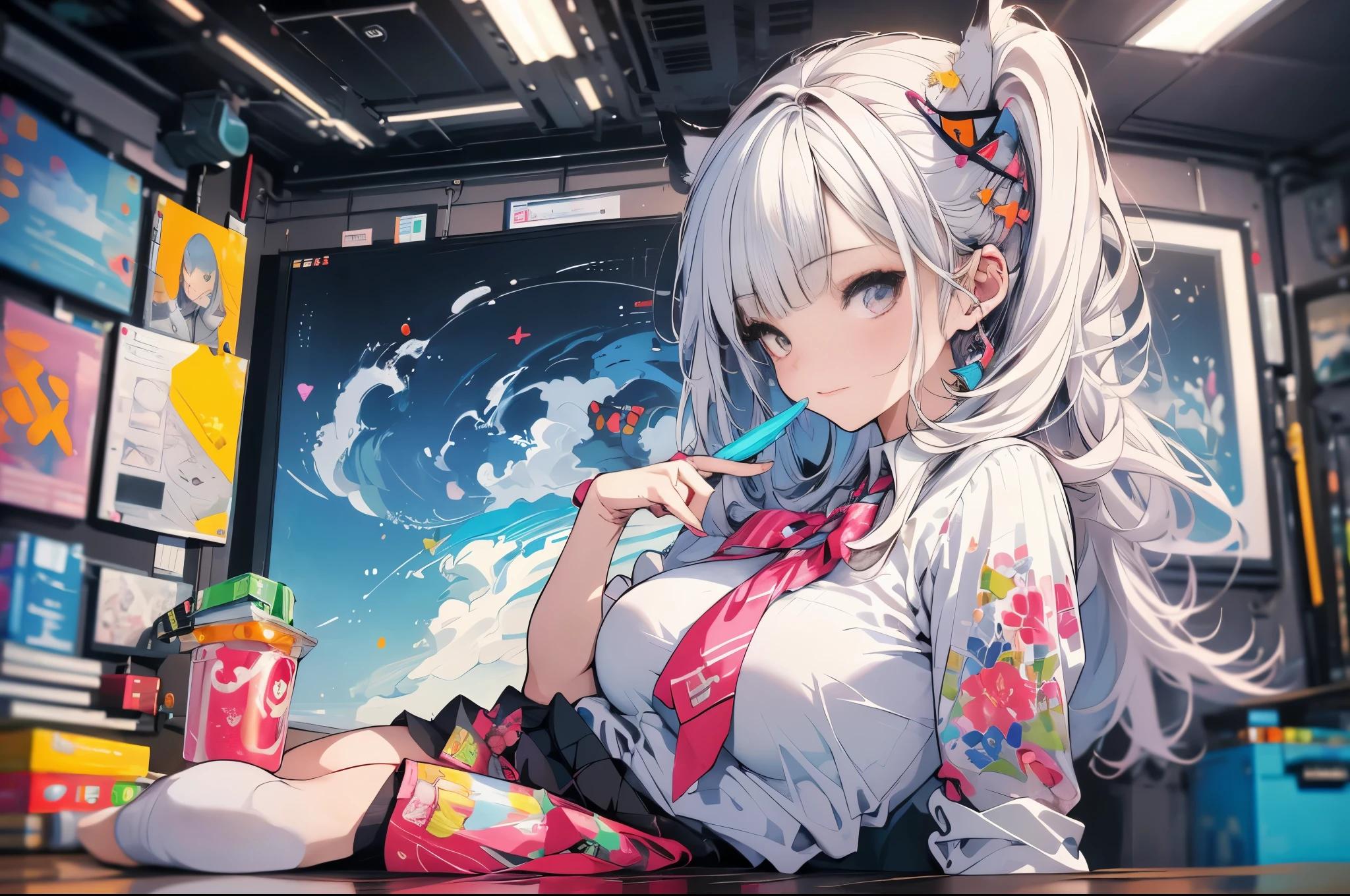 (best quality,4k,8k,highres,masterpiece:1.2),ultra-detailed,(realistic,photorealistic,photo-realistic:1.37), pastel vivid 1girl with cat ears, colorful outfit, vibrant anime style, beautiful anime portrait, digitally hand-drawn by Ross, dreamy art concept, adorable anime character, dynamic artwork, 4k anime art wallpaper, digital anime art, highly detailed art concept, school uniform, full body shot, sitting in her office, white hair, looking straight at the viewer, giggling