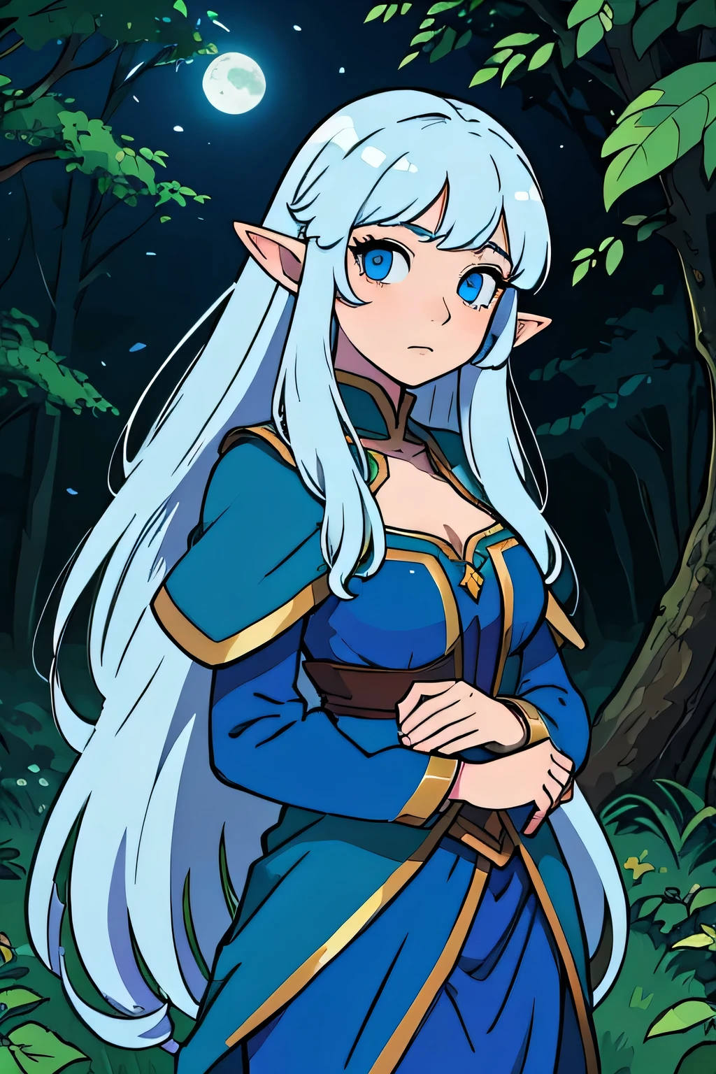 beautiful elf woman with withe hair and blue eyes in the forest in thew moon