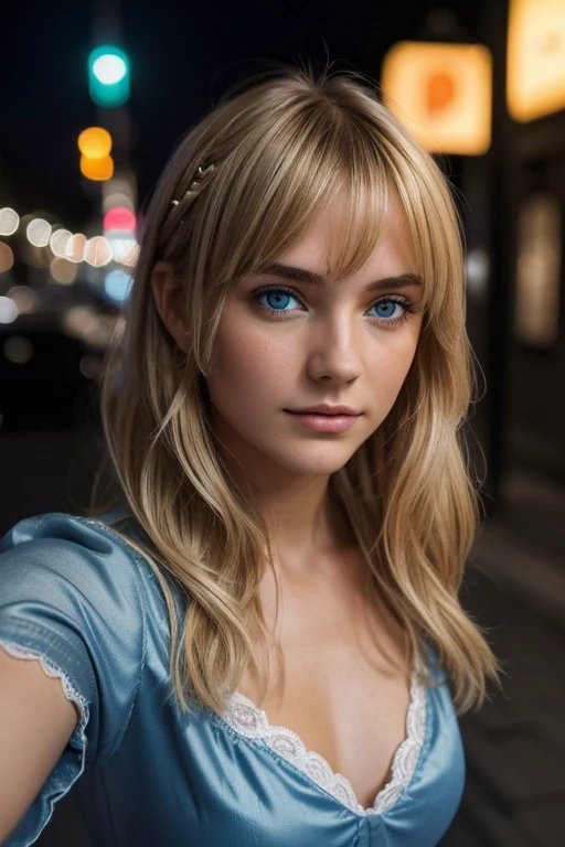 (Selfie, Vue de dessus: 1.4), (Right half of the body: 1.4), RAW UHD portrait photo of a 24-year-old blonde (Femme aux yeux bleus) marcher dans une ruelle sombre, gros seins,, Village la nuit, (Lingere), (neckline), specifics (Textures! , cheveux! , Briller, Couleur!! , disadvantages: 1.1), Bright eyes with lots of detail (looking at the camera), SLR lighting, Reflex, Ultra-quality, re sharpness, profondeur de champ, grain du film (centre), Fujifilm XT3, Limpide, Centre du cadre, beau visage, mise au point nette, street lamp, neon lighting, Bokeh (dimly lit), Nuit, (Ciel nocturne), detailed skin pores, peau grasse, coup de soleil, intricate eye details, corps entier, wavy blond hair with small bangs